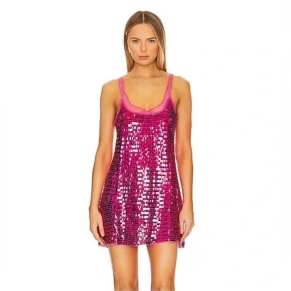 Free people SEQUINS hot pink disco babydoll dress, size XS
